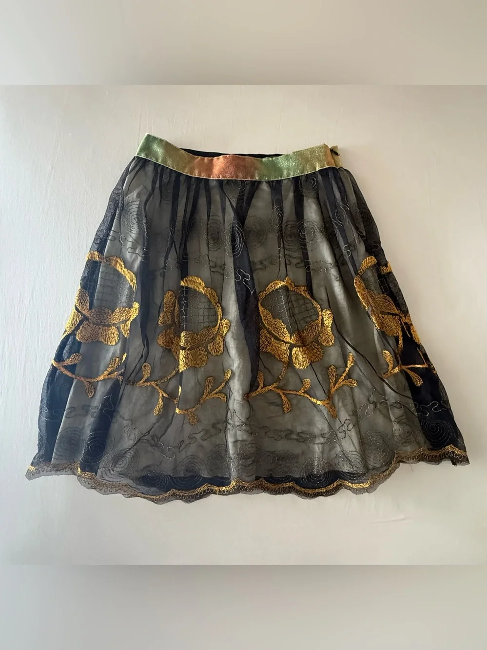 Free People Gold Floral Layered Embroidered Mesh Skirt Boho Whimsigoth Fairycore